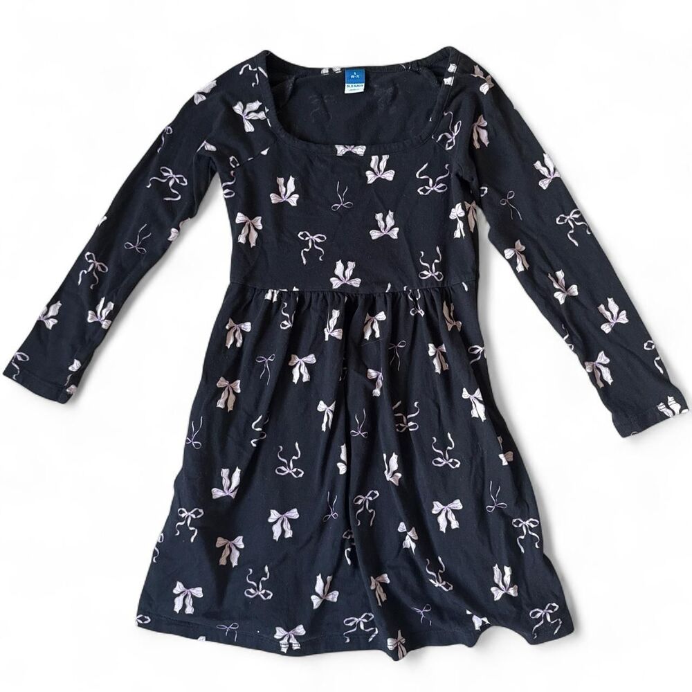 Old Navy Girls Size 6-7 Black Bow Print Long Sleeve Dress